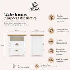 Velador de madera 2 cajones estilo nórdico