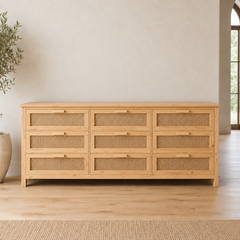 Cómoda "Copihue" 9 Cajones – Mueble de Madera y Junco Tejido para Dormitorio