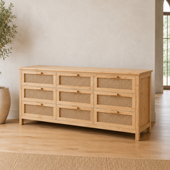 Cómoda "Copihue" 9 Cajones – Mueble de Madera y Junco Tejido para Dormitorio