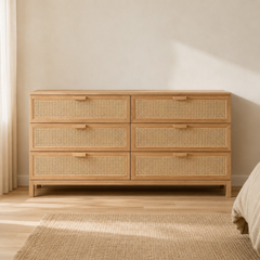 Cómoda "Huilo" 6 Cajones – Mueble de Lenga y Junco Tejido para Dormitorio Natural o Boho Premium