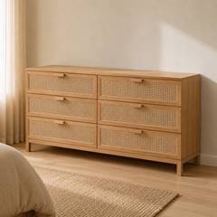 Cómoda "Huilo" 6 Cajones – Mueble de Lenga y Junco Tejido para Dormitorio Natural o Boho Premium