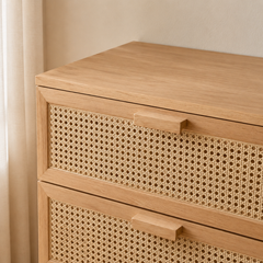 Cómoda "Huilo" 6 Cajones – Mueble de Lenga y Junco Tejido para Dormitorio Natural o Boho Premium