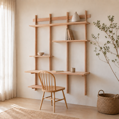 Escritorio Mural "Aromo" – Sistema de Pared con Escritorio Flotante y Repisas de Madera para Home Office o Estudio
