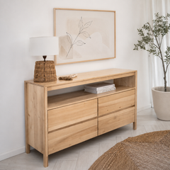 Cómoda "Alerce" 4 Cajones con Nicho – Mueble de Pino Natural con Repisa Abierta para Dormitorio o Living