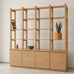 Biblioteca "Arrayán" – Estantería Abierta de Madera con Postes Verticales y Módulo con Puertas para Living o Estudio