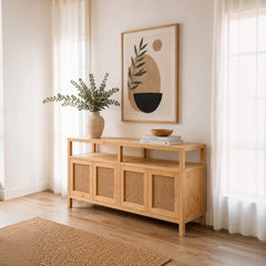 Buffet "Palqui" de Madera y Rattan – Aparador con Puertas de Rattan Tejido y Repisa Abierta para Comedor o Living