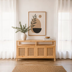 Buffet "Palqui" de Madera y Rattan – Aparador con Puertas de Rattan Tejido y Repisa Abierta para Comedor o Living