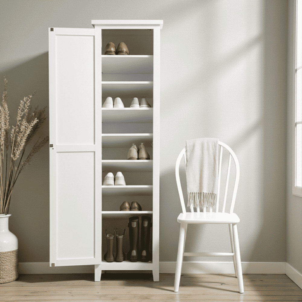 Armario alto vintage de madera de pino tipo cómoda, con puertas abatibles y acabado natural, ideal para organizar.