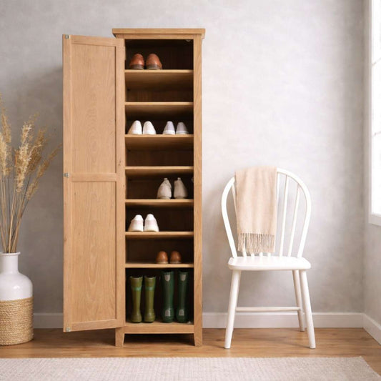 Zapatero alto de estilo vintage, fabricado en madera de pino, con varios cajones, de color natural, ideal para organizar el calzado.