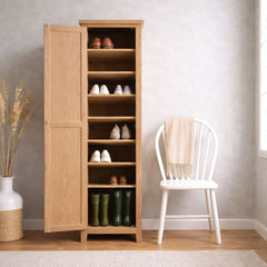 Zapatero alto de estilo vintage, fabricado en madera de pino, con varios cajones, de color natural, ideal para organizar el calzado.