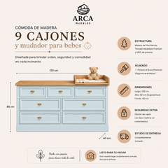 Cómoda de madera 9 cajones y mudador para bebes 👩‍🍼