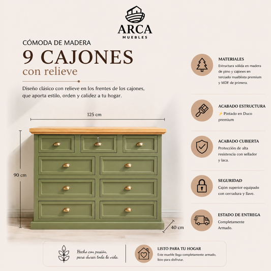 Cómoda de Madera 9 cajones con relieve