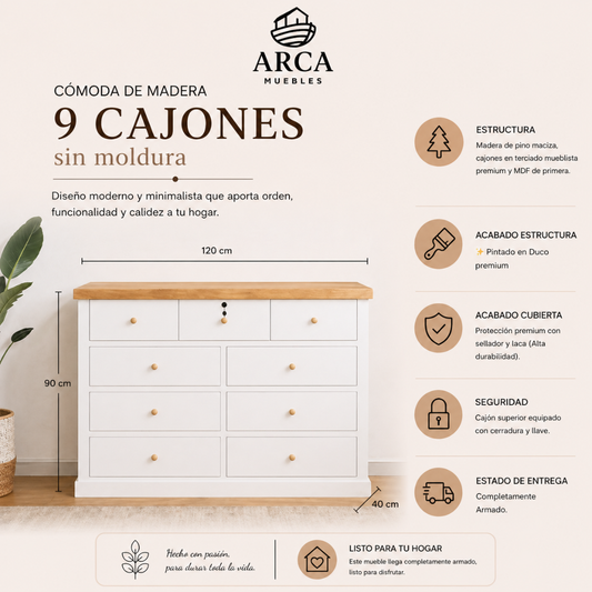 Cómoda de Madera 9 cajones sin moldura