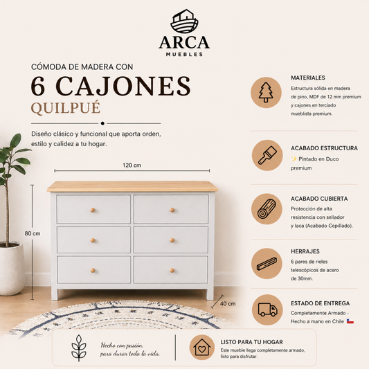 Cómoda de madera con 6 cajones Quilpué