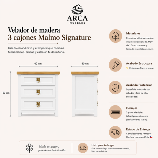 Velador de madera 3 cajones Malmo Signature