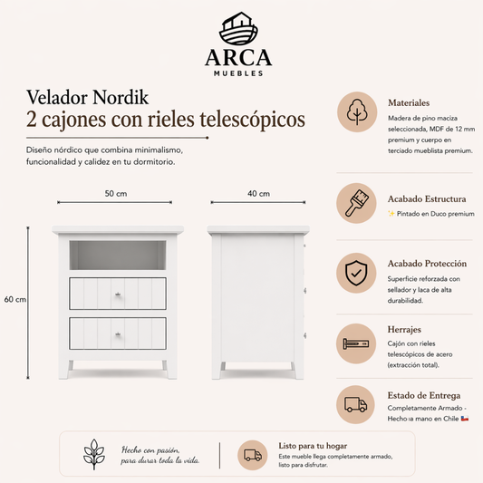 Velador Nordik 2 cajones con rieles telescópicos