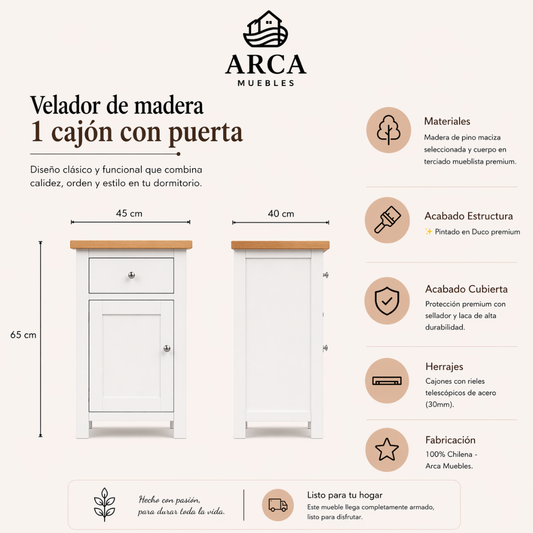 Velador de madera 1 cajon con puerta