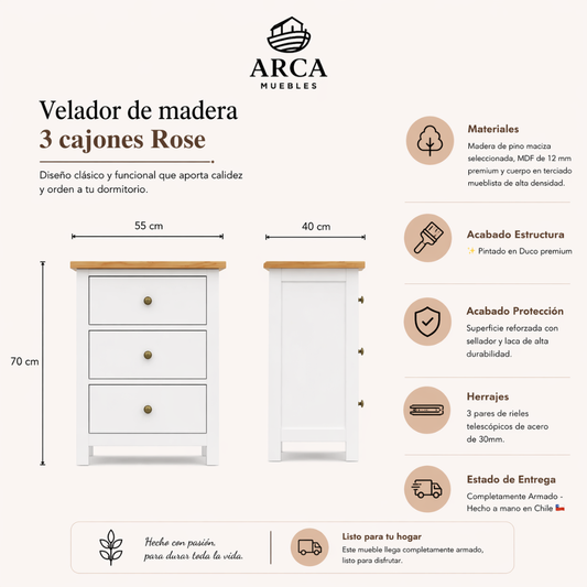 Velador de madera 3 cajones Rose