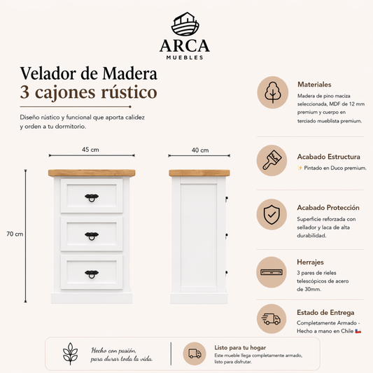 Velador de Madera 3 cajones rústico