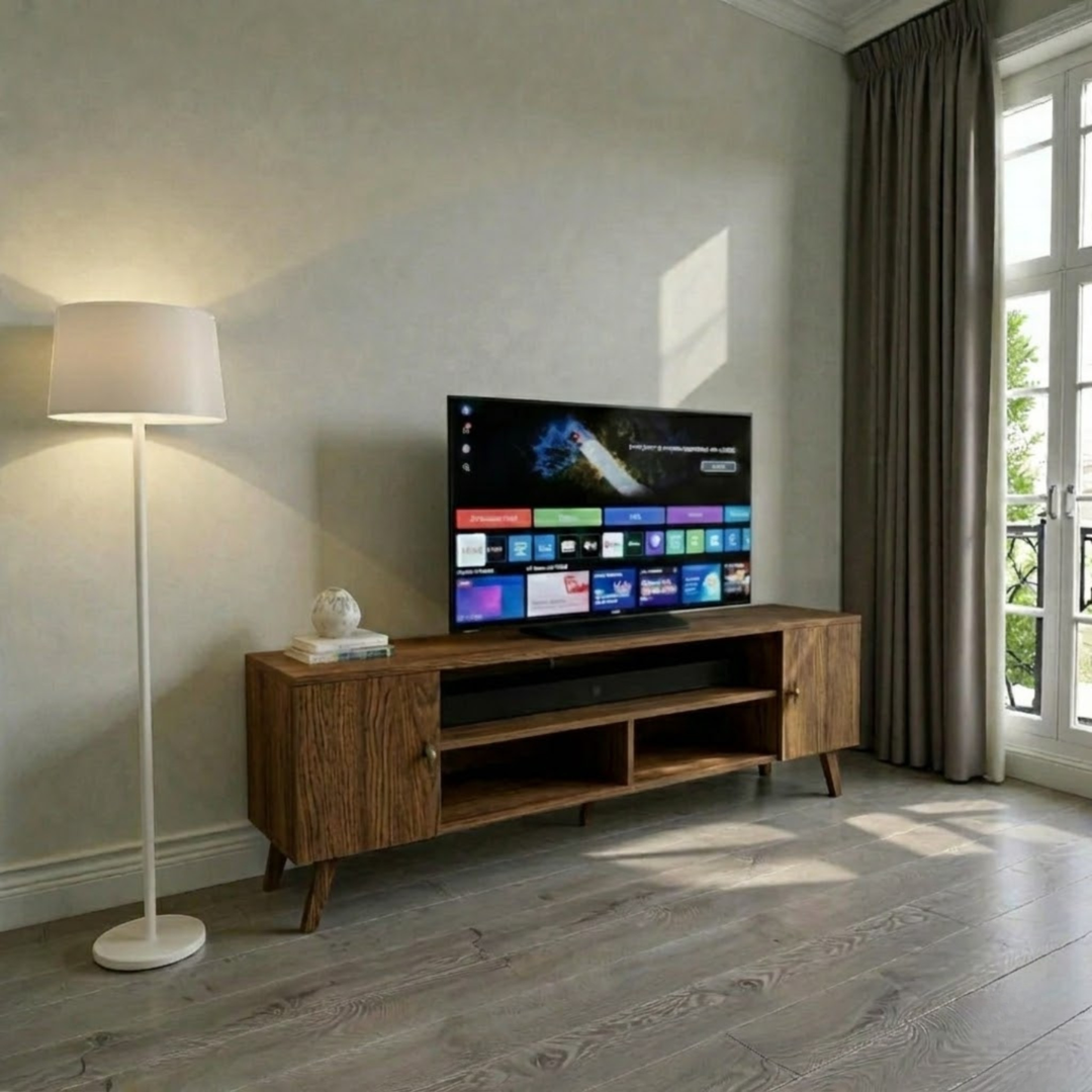 Rack de tv de madera minimalista 2 Pueras con repisa