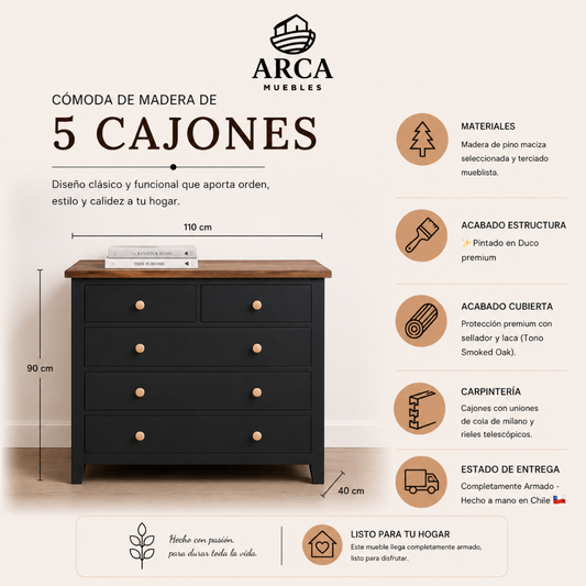 Cómoda de Madera de 5 Cajones
