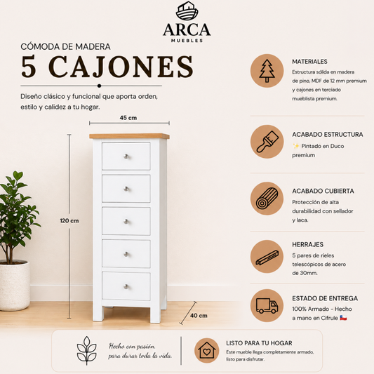 Cómoda de Madera 5 cajones