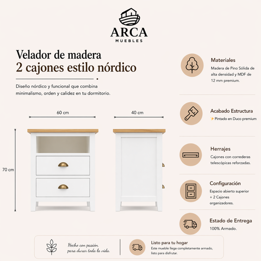 Velador de madera 2 cajones estilo nórdico