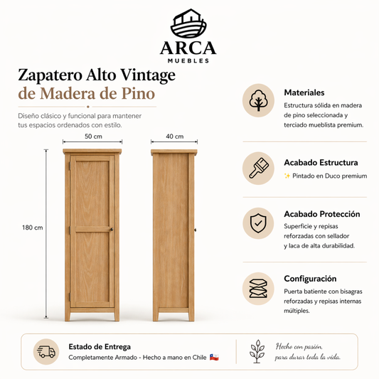 Zapatero Alto Vintage de Madera de Pino