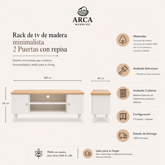 Rack de tv de madera minimalista 2 Pueras con repisa