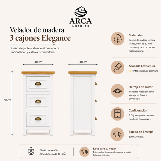 Velador de madera 3 cajones Elegance