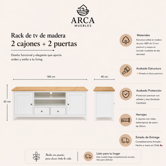 Rack de tv de madera 2 cajones + 2 puertas