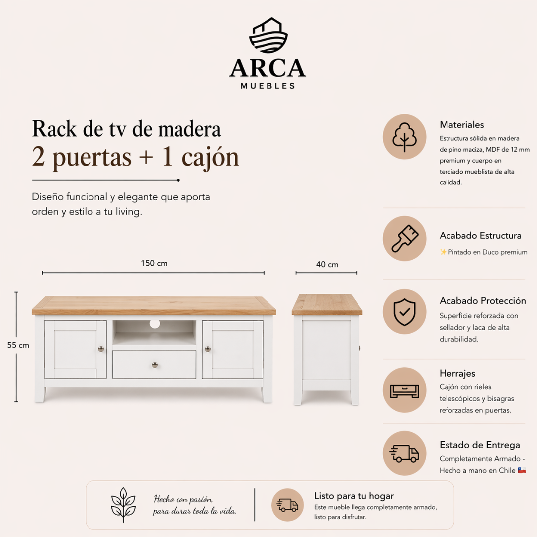 Rack de tv de madera 2 puertas + 1 cajón