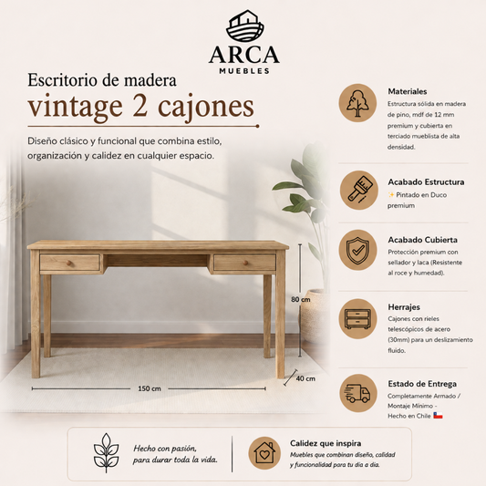 Escritorio de madera vintage 2 cajones