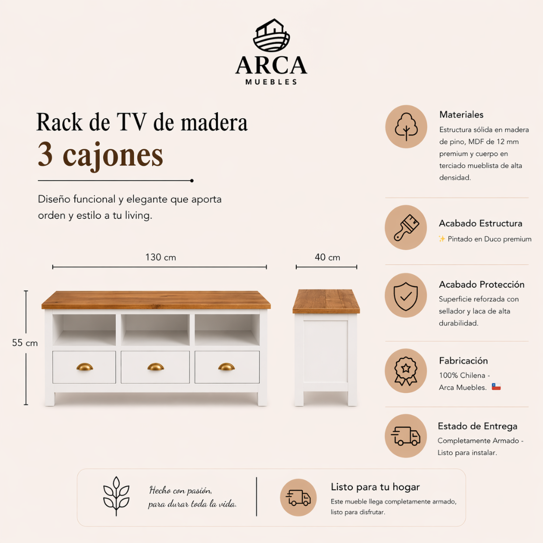 Rack de TV de Madera 3 cajones