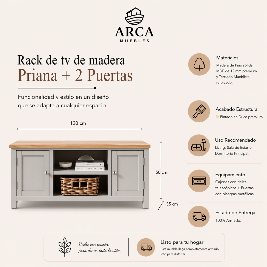 Rack de tv de madera Priana + 2 Puertas