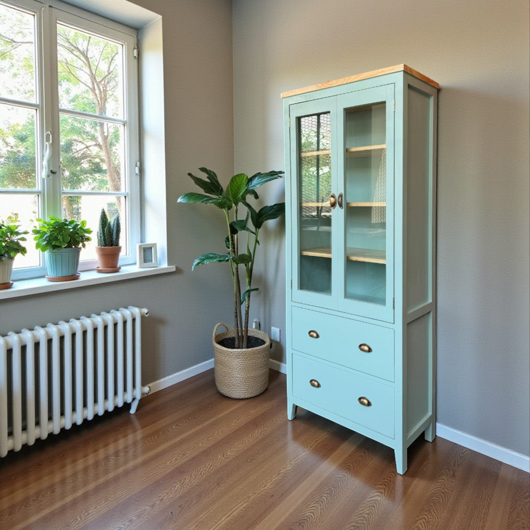 Vitrina de Madera de Pino Estilo Rústico - 180x80x35cm con Coperos y Cajones