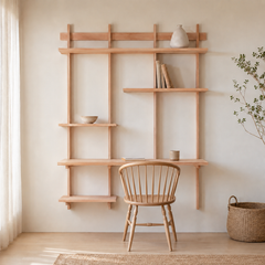 Escritorio Mural "Aromo" – Sistema de Pared con Escritorio Flotante y Repisas de Madera para Home Office o Estudio