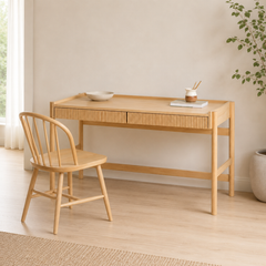 Escritorio "Lenga" con Palillaje – Mesa de Trabajo de Madera Natural con 2 Cajones y Borde Galería para Home Off