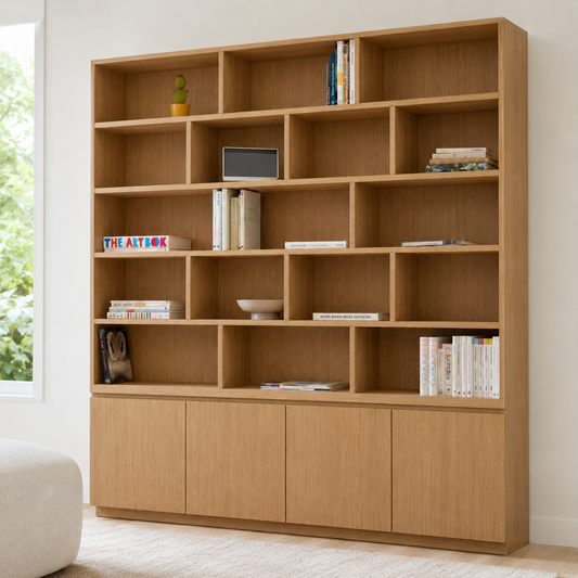 Mueble biblioteca de madera «Cordillera», de 200 cm, con puertas y estantes exclusivos, ideal para el salón o el estudio.