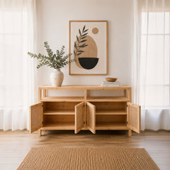 Buffet "Palqui" de Madera y Rattan – Aparador con Puertas de Rattan Tejido y Repisa Abierta para Comedor o Living
