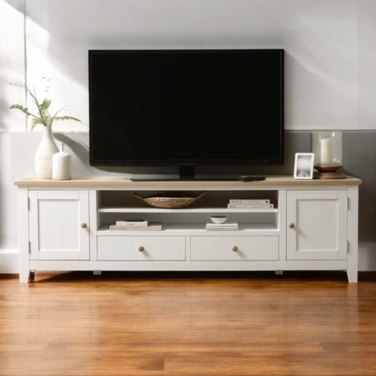 Rack de tv 2 cajones grande luxury vista frontal en living
