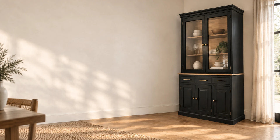 Vitrina Arca negra con interior de madera en un ambiente cálido