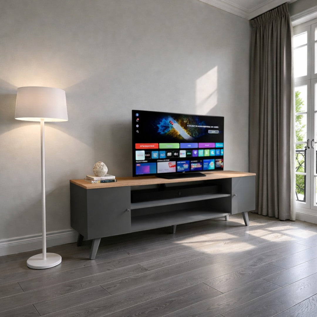 Rack de tv de madera minimalista 2 Pueras con repisa