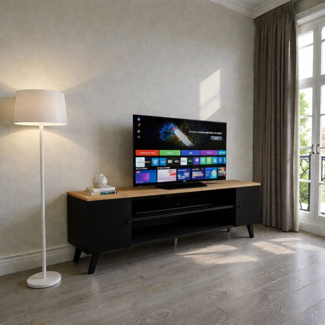 Rack de tv de madera minimalista 2 Pueras con repisa