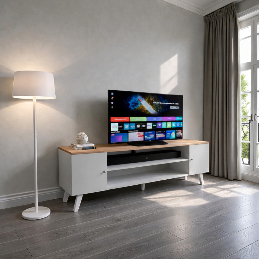 Rack de tv de madera minimalista 2 Pueras con repisa