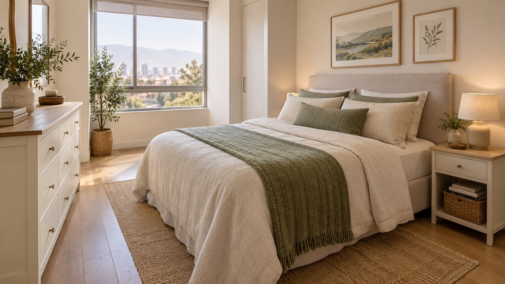 Dormitorio con cómoda y velador en tonos claros: imagen de inspiración generada con IA
